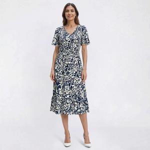 Womens Luxology Short Sleeve V Neck Leaf Smocked Midi Dress